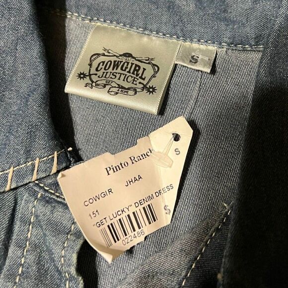 NWT Cowgirl Justice "get Lucky" Long Sleeve Denim Pearl Snap Dress Size Small - Picture 2 of 5